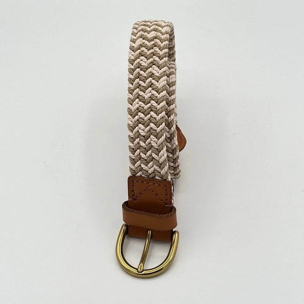 Fossil Braided Elastic Belt Unisex Size L Tan Cream Chevron‎ Brass Buckle Casual